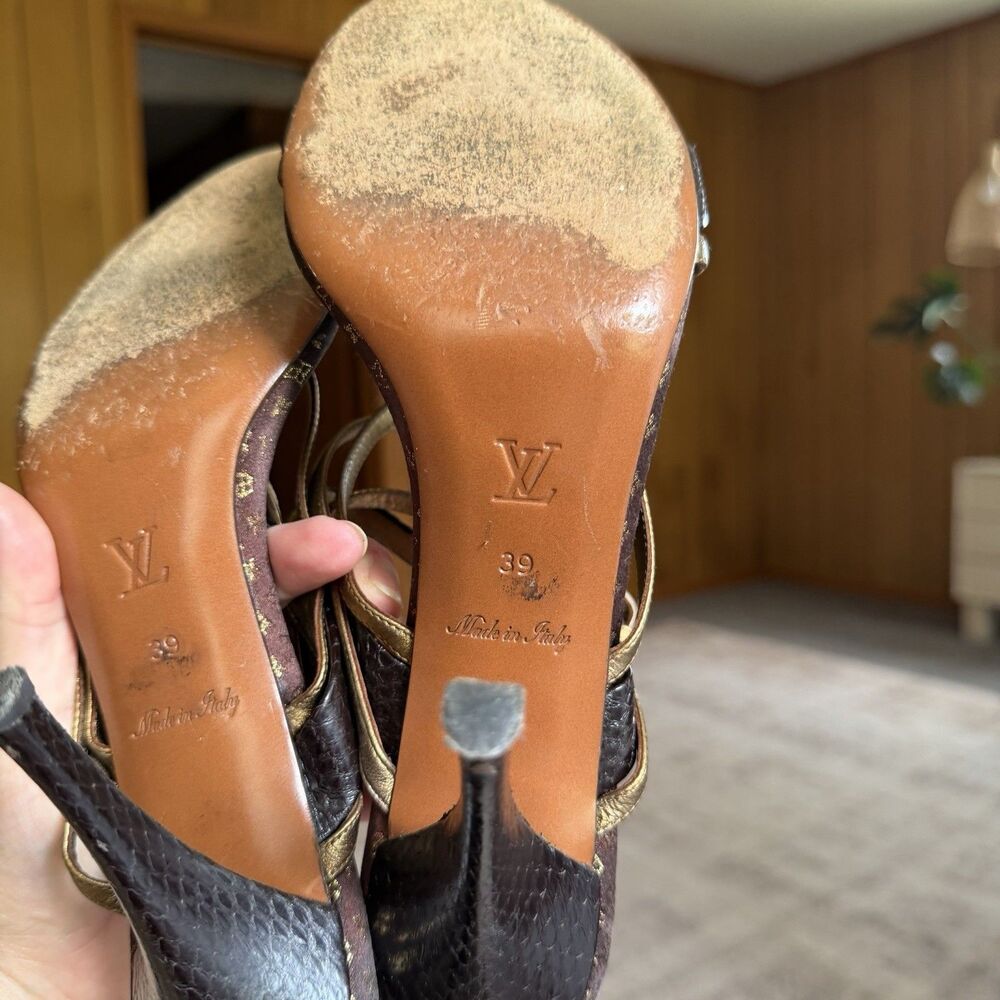Louis Vuitton Brown Python And Metallic Gold Leather Strappy Sandals Size 39 - Picture 13 of 16